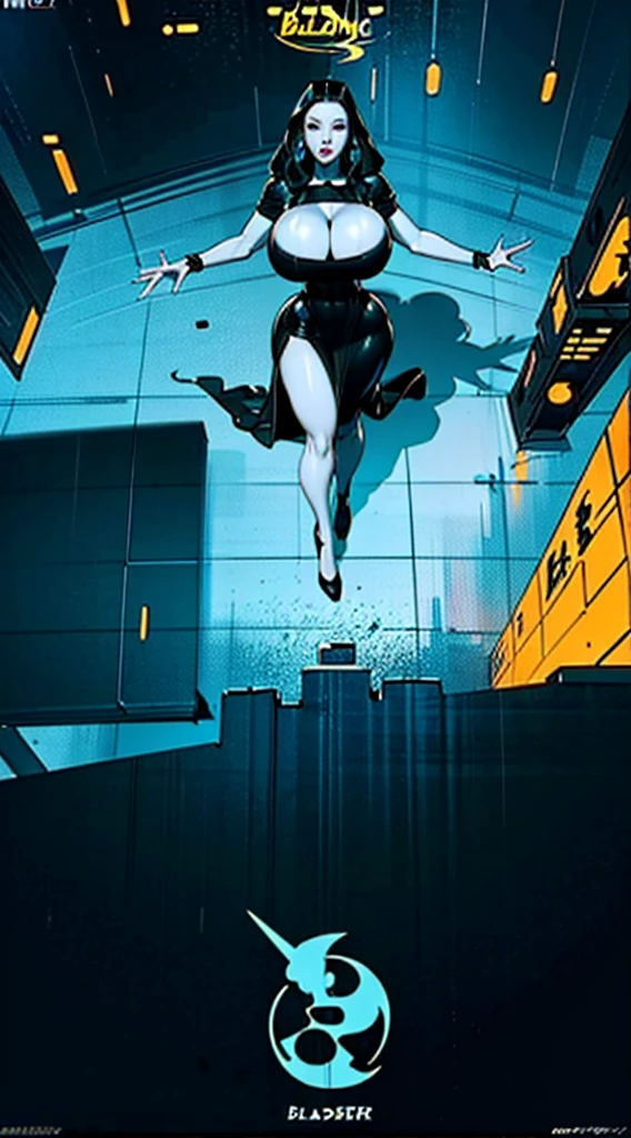 ((view from above:1.7)),((full body view:1.2)), Morticia, pale skin, (white skin:1.5), ((front view:1.3)), pale face, (puffy lips:1.4), (black dress), ((black hair)), (long dress), (gigantic breasts:1.6, gigantic hips:1.65), masterpiece, (slendered abs:1.2), detailedface, shiny skin, beautiful lighting from the side, harsh light, epic pose, (((dynamic movie poster in Bladerunner Style)))