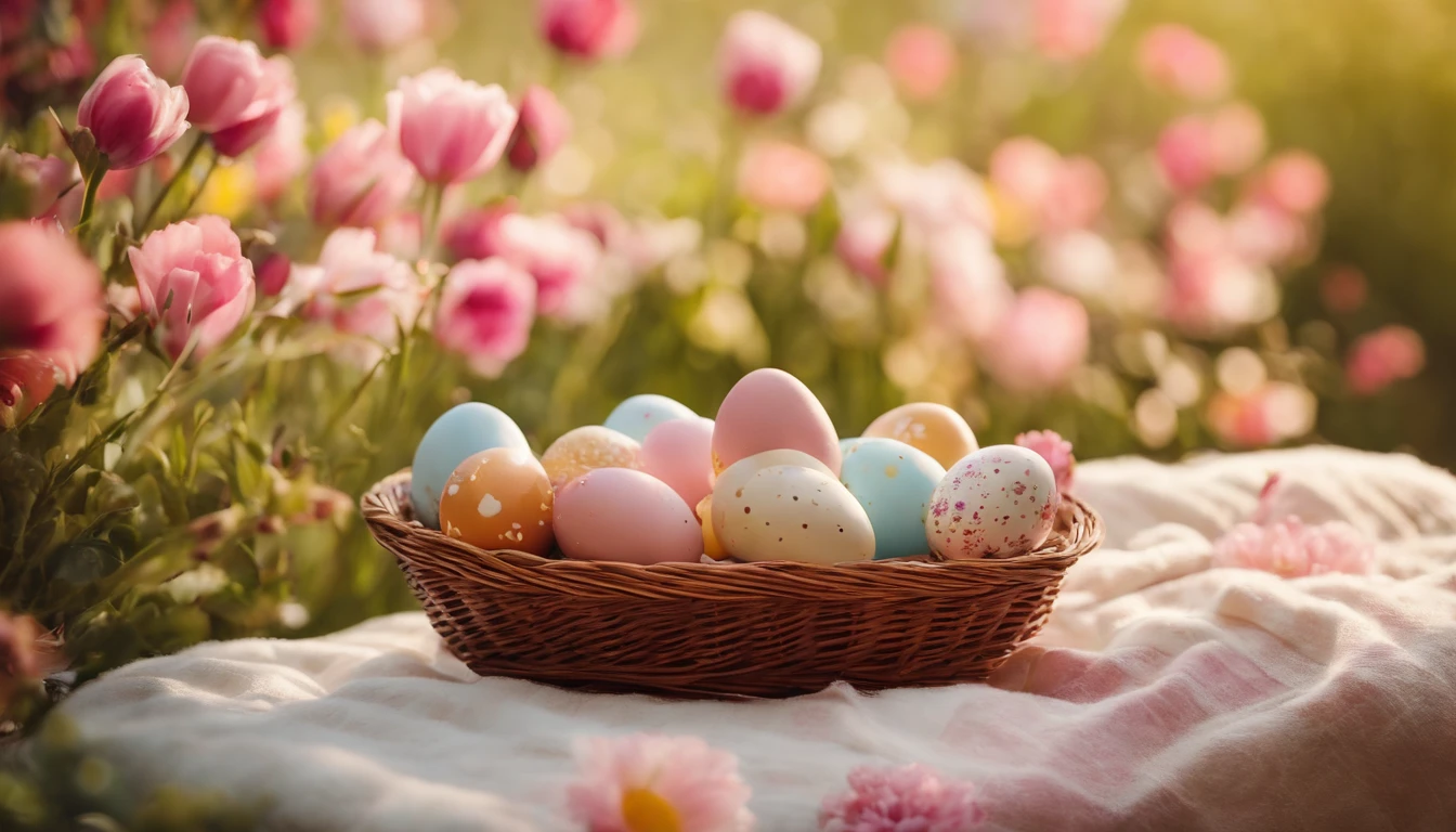 a still life shot of a wicker basket filled with hand-painted Easter eggs, with hot wax patterns adorning each egg, against a backdrop of pastel-colored spring flowers, creating a harmonious and festive scene