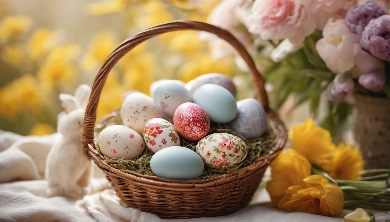 a still life shot of a wicker basket filled with hand-painted Easter eggs, with hot wax patterns adorning each egg, against a backdrop of pastel-colored spring flowers, creating a harmonious and festive scene