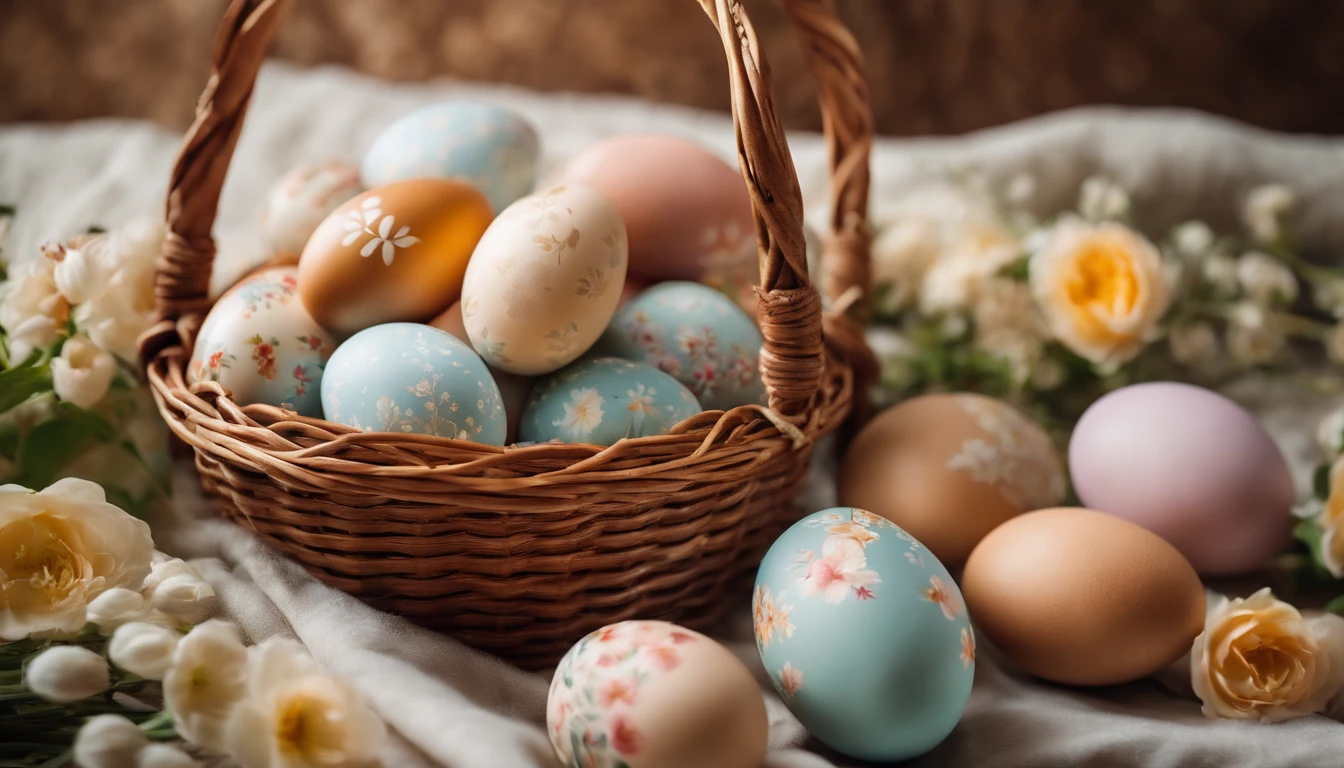 a still life shot of a wicker basket filled with hand-painted Easter eggs, with hot wax patterns adorning each egg, against a backdrop of pastel-colored spring flowers, creating a harmonious and festive scene