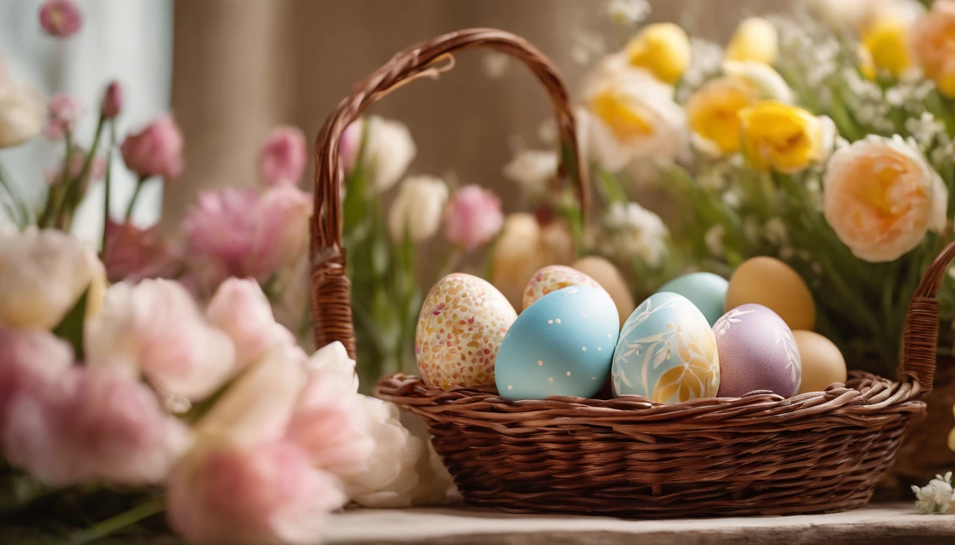 a still life shot of a wicker basket filled with hand-painted Easter eggs, with hot wax patterns adorning each egg, against a backdrop of pastel-colored spring flowers, creating a harmonious and festive scene