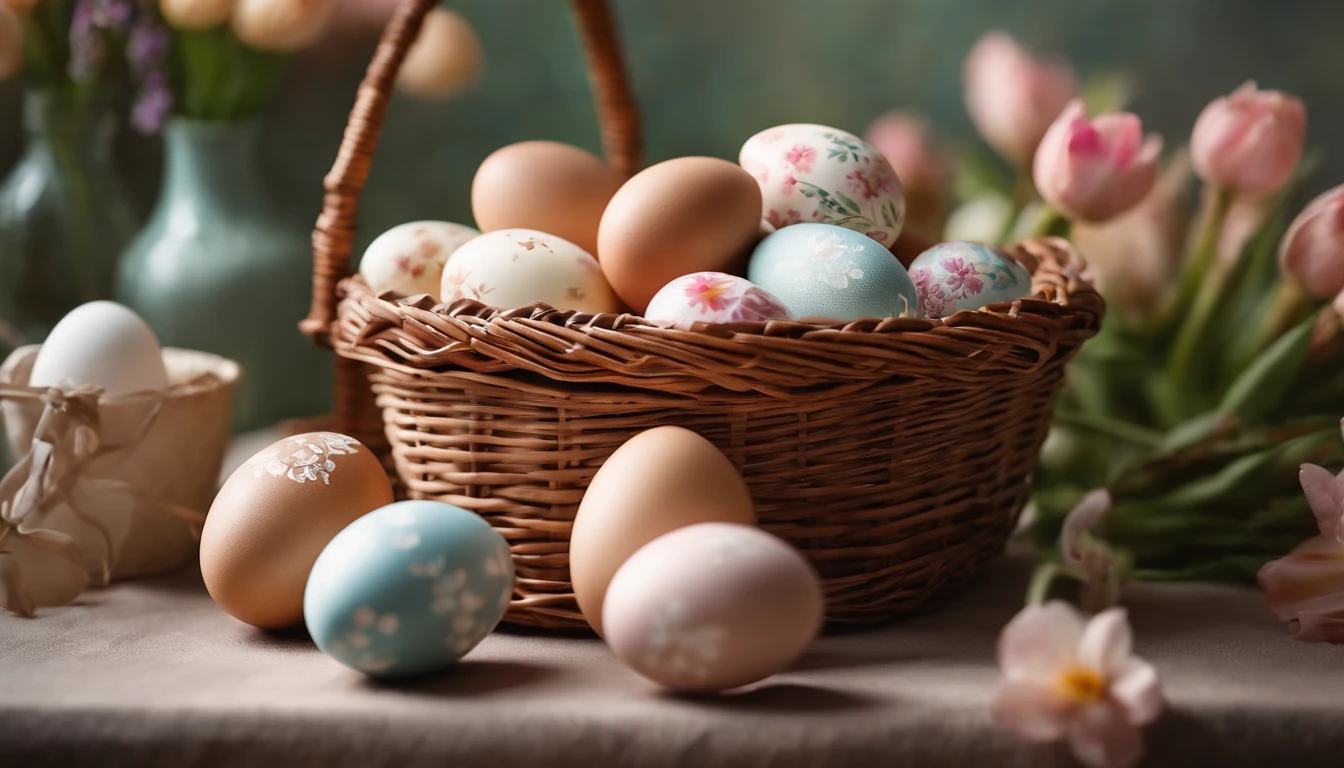 a still life shot of a wicker basket filled with hand-painted Easter eggs, with hot wax patterns adorning each egg, against a backdrop of pastel-colored spring flowers, creating a harmonious and festive scene