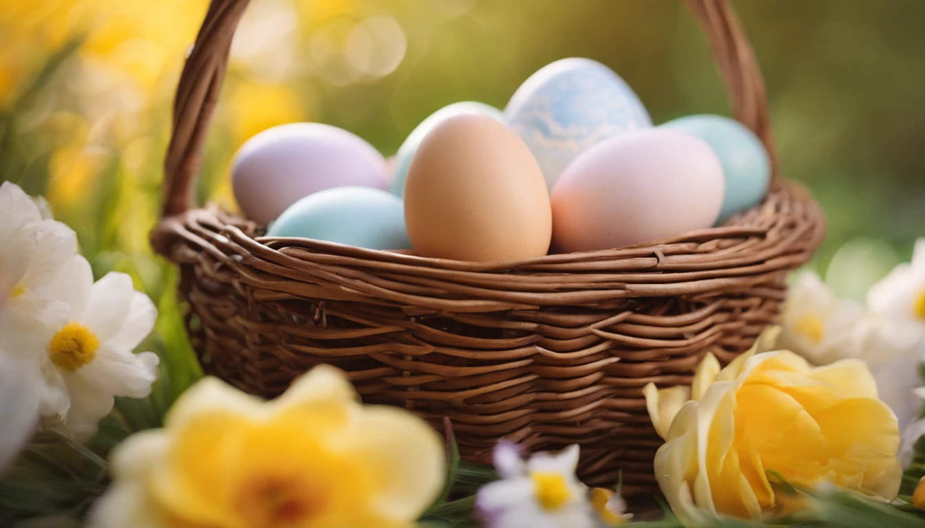 a still life shot of a wicker basket filled with hand-painted Easter eggs, with hot wax patterns adorning each egg, against a backdrop of pastel-colored spring flowers, creating a harmonious and festive scene