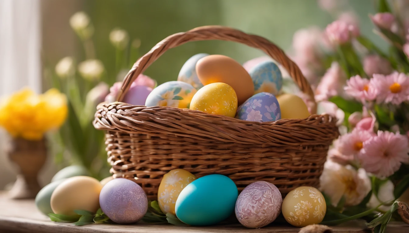 a still life shot of a wicker basket filled with hand-painted Easter eggs, with hot wax patterns adorning each egg, against a backdrop of pastel-colored spring flowers, creating a harmonious and festive scene