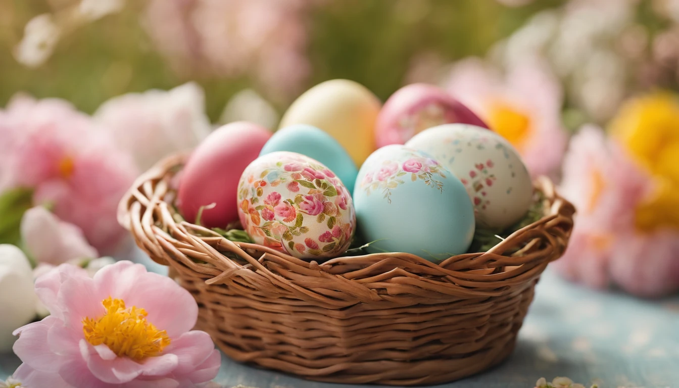 a still life shot of a wicker basket filled with hand-painted Easter eggs, with hot wax patterns adorning each egg, against a backdrop of pastel-colored spring flowers, creating a harmonious and festive scene