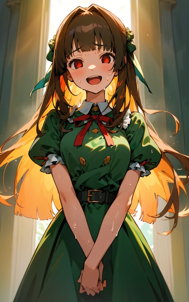 (masterpiece:1.2),best quality,illustration,beautiful detailed girl,
(1girl) (standing at attention),front view,(arms aside:1.0),
(sweat:1.2),(smile:1.1),open mouth,upper body,red eyes,
(long hair:1.1),blunt bangs,green frilled dress,botton,ribbon,belt,
backlighting