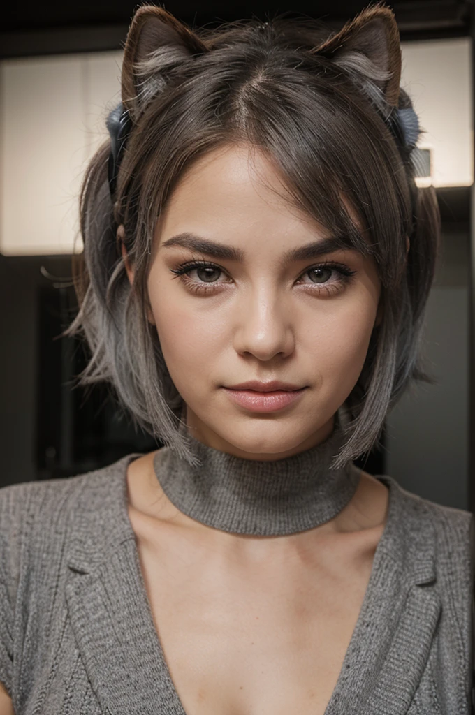 hair bobbles, wince, solid circle eyes, fake animal ears, ear blush, fang, grey hair, makeup, stereogram, tachi-e, pov, atmospheric perspective, textured skin, UHD, masterpiece, high quality
