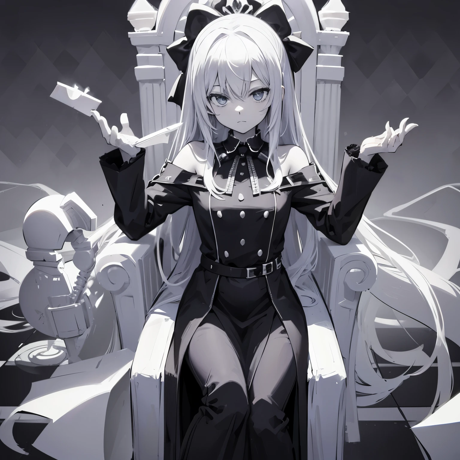 Chessboard background sitting in a throne humanoid black and white