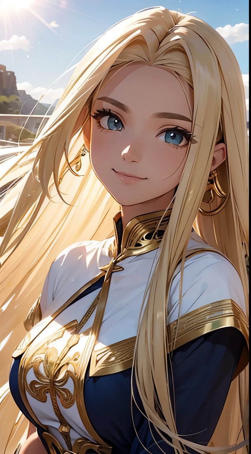 Meia-elfa, cabelos loira, Long flowing hair, brincos e aneis de ouro, olhos grandes e verde, cleriga, deusa do sol, alta qualidade, hiper realista, seria mas sorrindo, pele bronzeada, bastante sol, brilho, forza, instinto, leveza, multiple colors, usando vestido primariamente branco