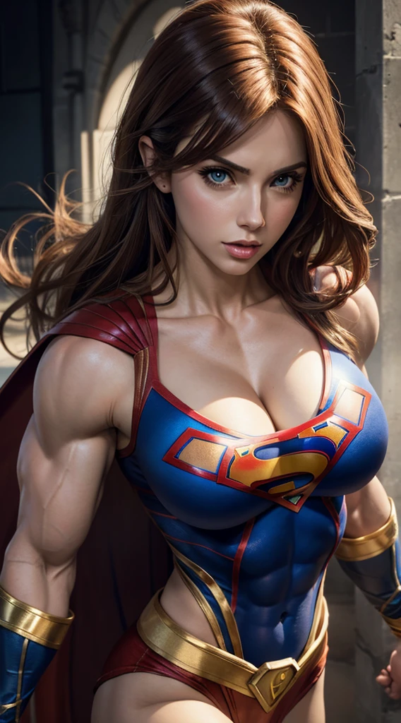Wallpaper busty muscular Supergirl, strong biceps, strong abs, hyper muscular bodybuilder, enormous breasts, round tits, Amouranth