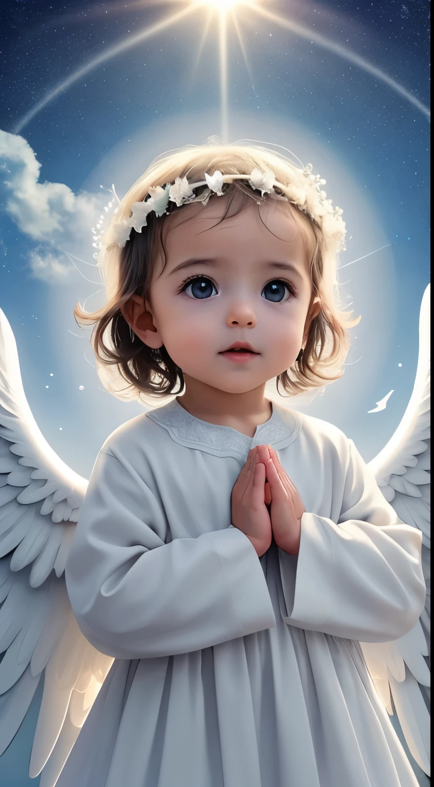 Create a scene of a 1 month old baby, Newborn baby, com cabelos loiros ondulados, cabelo loiro, realistic and with angelic wings for prayer videos. hands in prayer position, The baby must be standing, with a calm expression, vestido com roupas de anjo e staring directly at camera com os olhos abertos. As asas do anjo devem ser delicadas e brancas, fixed on the child. Baby in a Celestial Environment, com uma suave luz dourada ao seu redor, evocando uma atmosfera de paz e espiritualidade, creating a sense of serenity, Hope and divine protection. In the image there is only a single baby. Concentre-se em capturar detalhes realistas, Por favor, Look up at the camera. foco frontal, staring directly at camera. 8k, Ultra realista