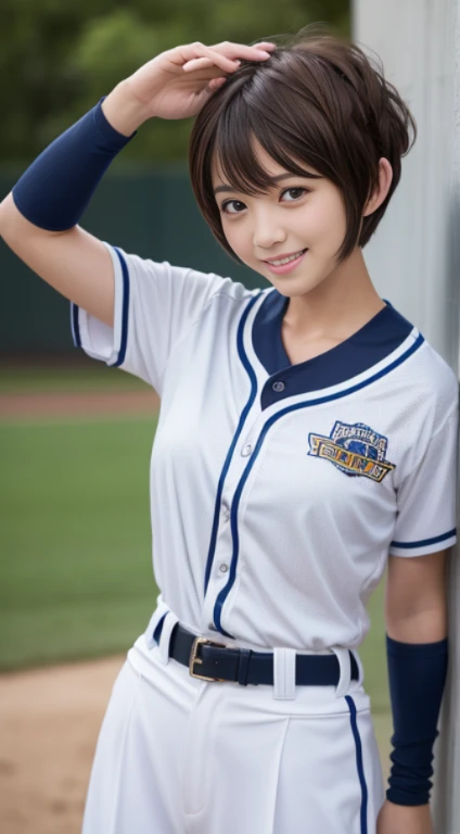 masutepiece, Best Quality, Illustration, Ultra-detailed, finely detail, hight resolution, 8K Wallpaper, Perfect dynamic composition、Thigh Viewer、27 year old cute girl、detailed beautiful faces、detailed cute eyes、Textured skin、Flushed cheeks、embarrassed from、 (Shortcut Hair:1.3)、(Wavy brown hair )、tiny chest,、Bold sexy poses、Smile、 Baseball Uniform Shirts、sports short baseball field、Moist eyes the biggest smile Student uniform