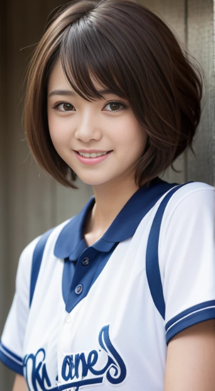 masutepiece, Best Quality, Illustration, Ultra-detailed, finely detail, hight resolution, 8K Wallpaper, Perfect dynamic composition、Thigh Viewer、27 year old cute girl、detailed beautiful faces、detailed cute eyes、Textured skin、Flushed cheeks、embarrassed from、 (Shortcut Hair:1.3)、(Wavy brown hair )、tiny chest,、Bold sexy poses、Smile、 Baseball Uniform Shirts、sports short baseball field、Moist eyes the biggest smile Student uniform