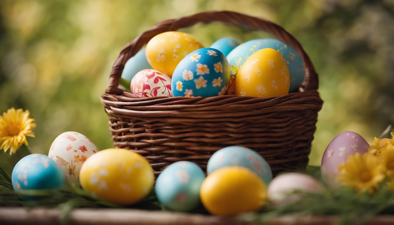 a still life shot of a wicker basket filled with hand-painted Easter eggs, with hot wax patterns adorning each egg, against a backdrop of pastel-colored spring flowers, creating a harmonious and festive scene