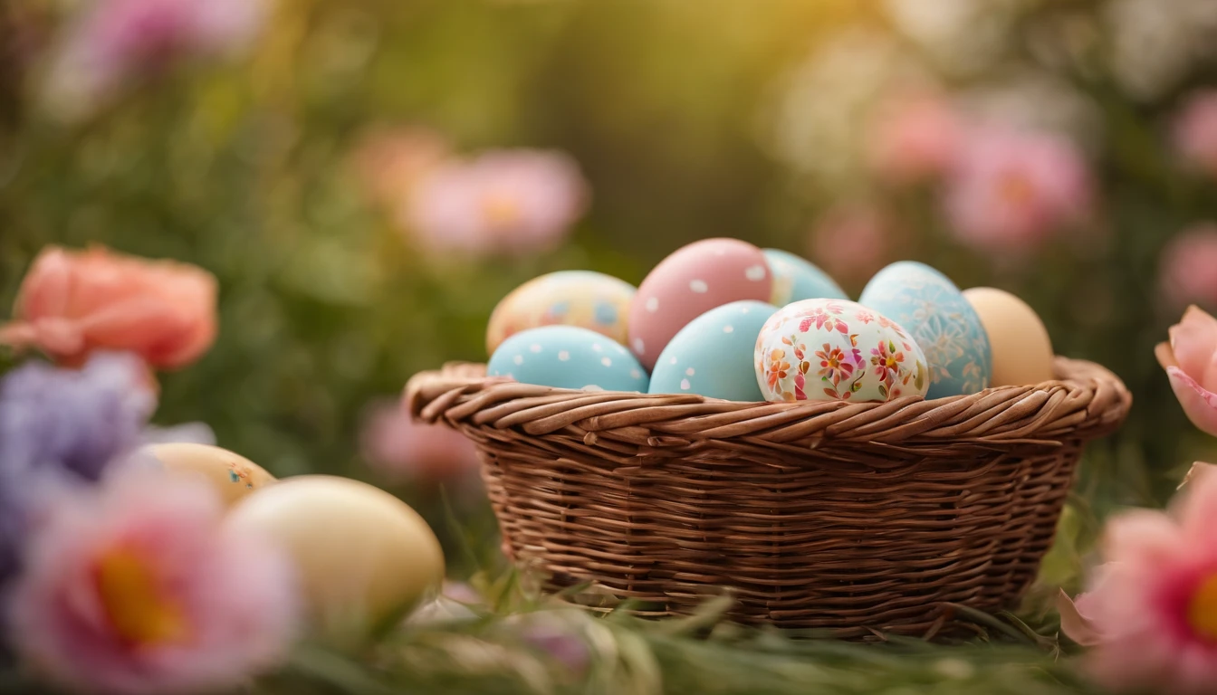 a still life shot of a wicker basket filled with hand-painted Easter eggs, with hot wax patterns adorning each egg, against a backdrop of pastel-colored spring flowers, creating a harmonious and festive scene