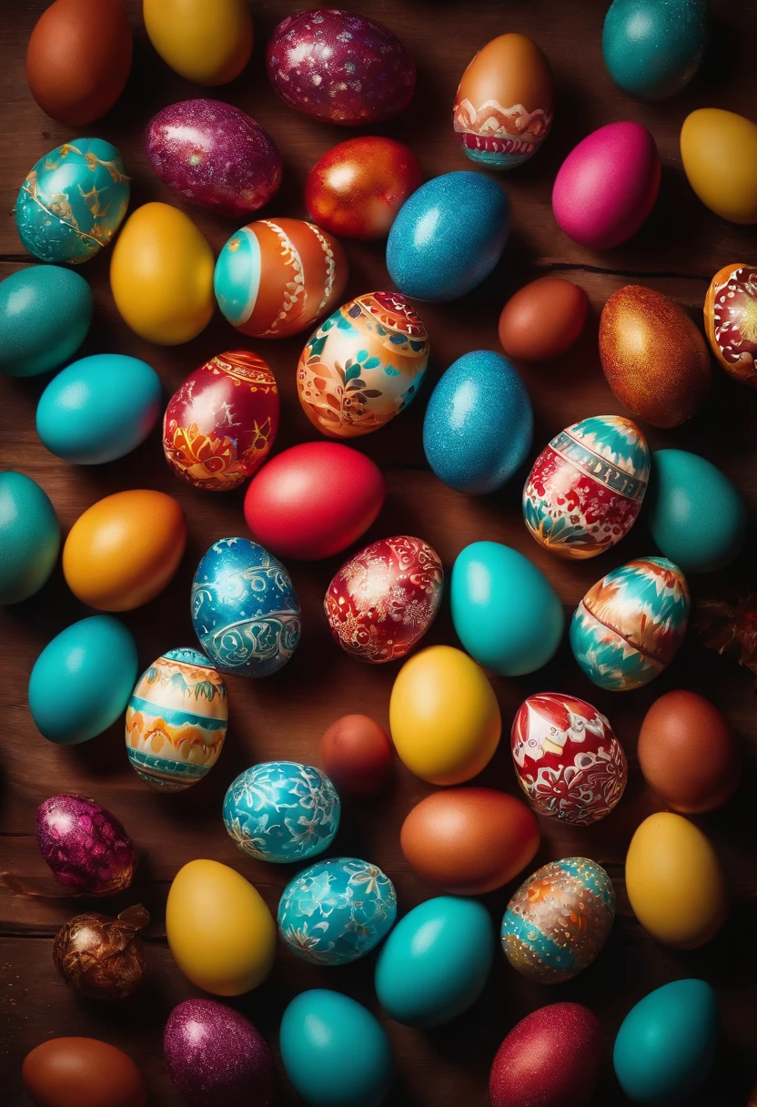 a top-down shot of a table filled with vibrant Easter eggs, some with hot wax patterns and others painted in bold colors, creating a visually dynamic and festive atmosphere