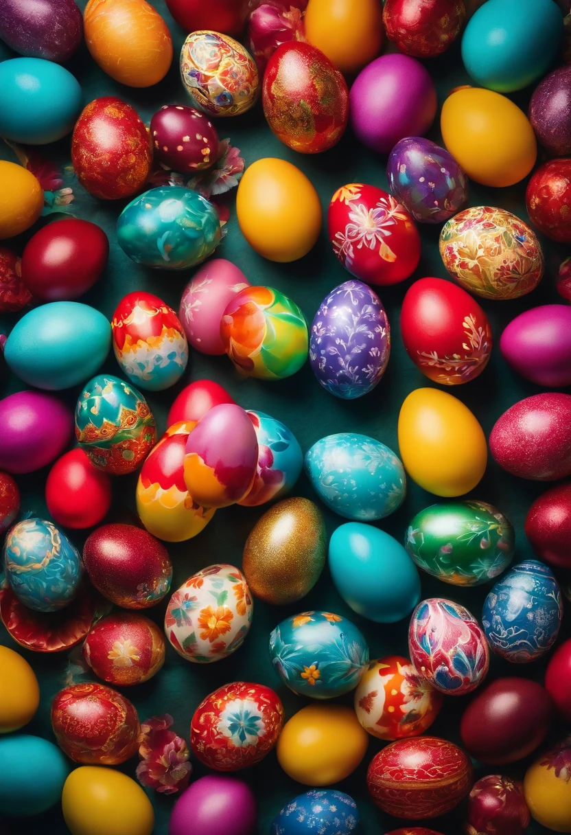 a top-down shot of a table filled with vibrant Easter eggs, some with hot wax patterns and others painted in bold colors, creating a visually dynamic and festive atmosphere