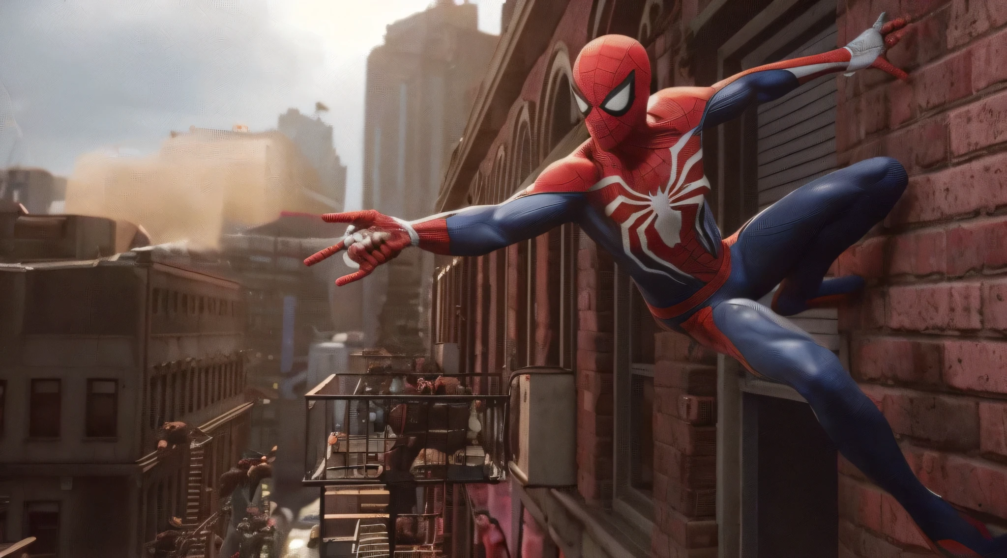 spider - man hanging from a building in the city, aranha - homem, Homem-Aranha, Pedro Lucia, aranha altamente detalhada - homem, Pedro Lucia as Spiderman, Spiderman, hq 4k papel de parede, insanamente super detalhado, ps5 cinematic screen capture, PS 4 captura de tela, Jogabilidade do PS 4, hero pose colorful city lighting, Homem-Aranha no Moshpit, beautiful and cinematic lighting