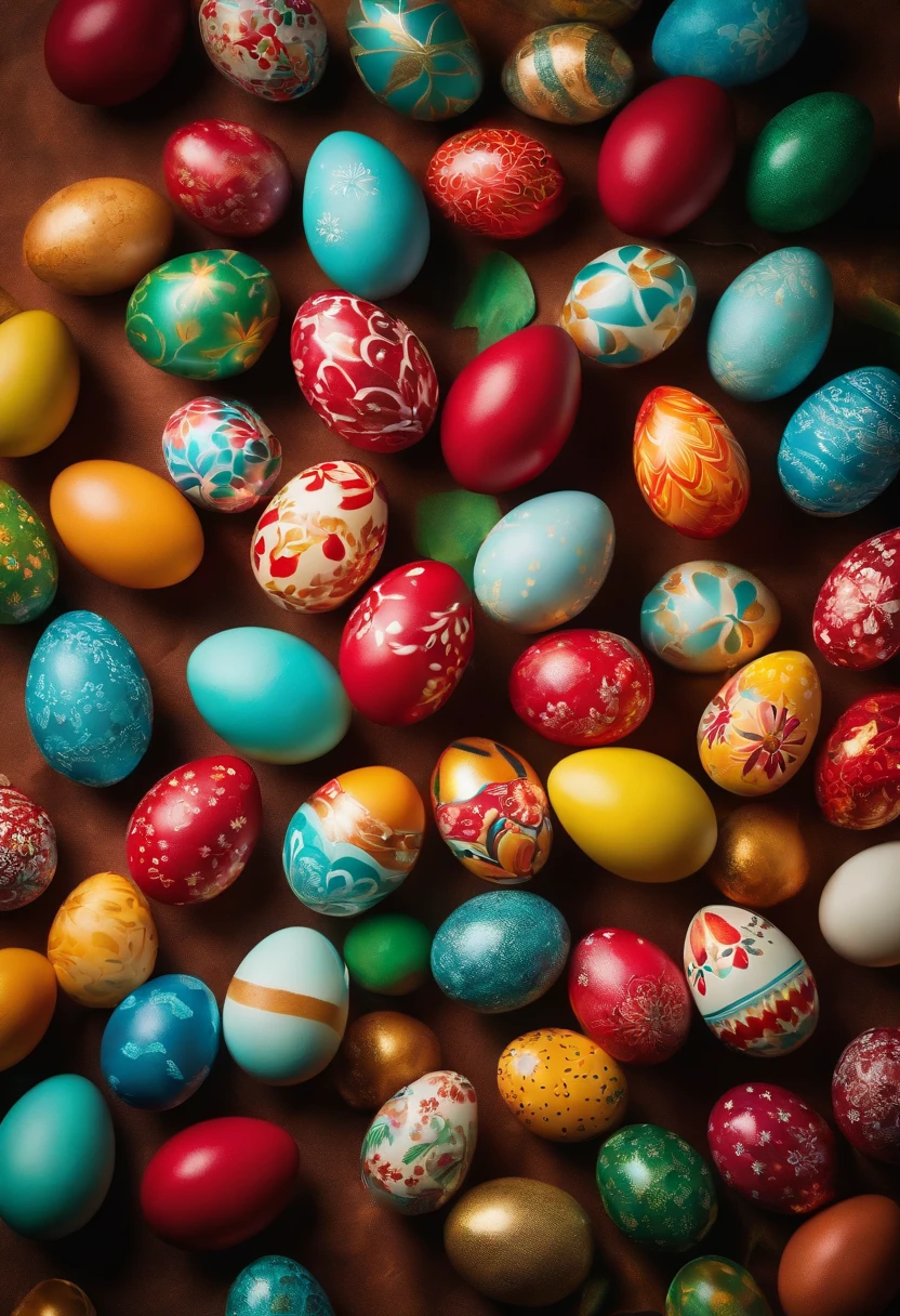 a top-down shot of a table filled with vibrant Easter eggs, some with hot wax patterns and others painted in bold colors, creating a visually dynamic and festive atmosphere