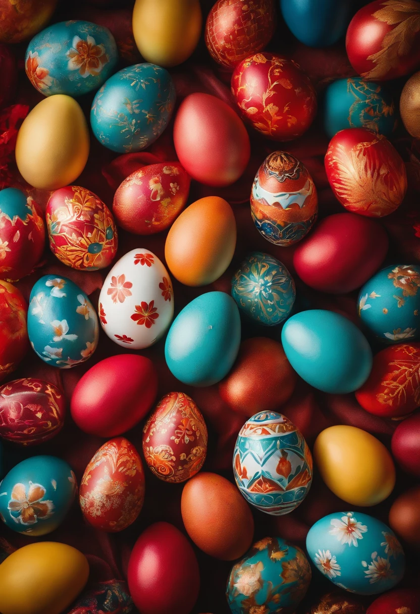 a top-down shot of a table filled with vibrant Easter eggs, some with hot wax patterns and others painted in bold colors, creating a visually dynamic and festive atmosphere