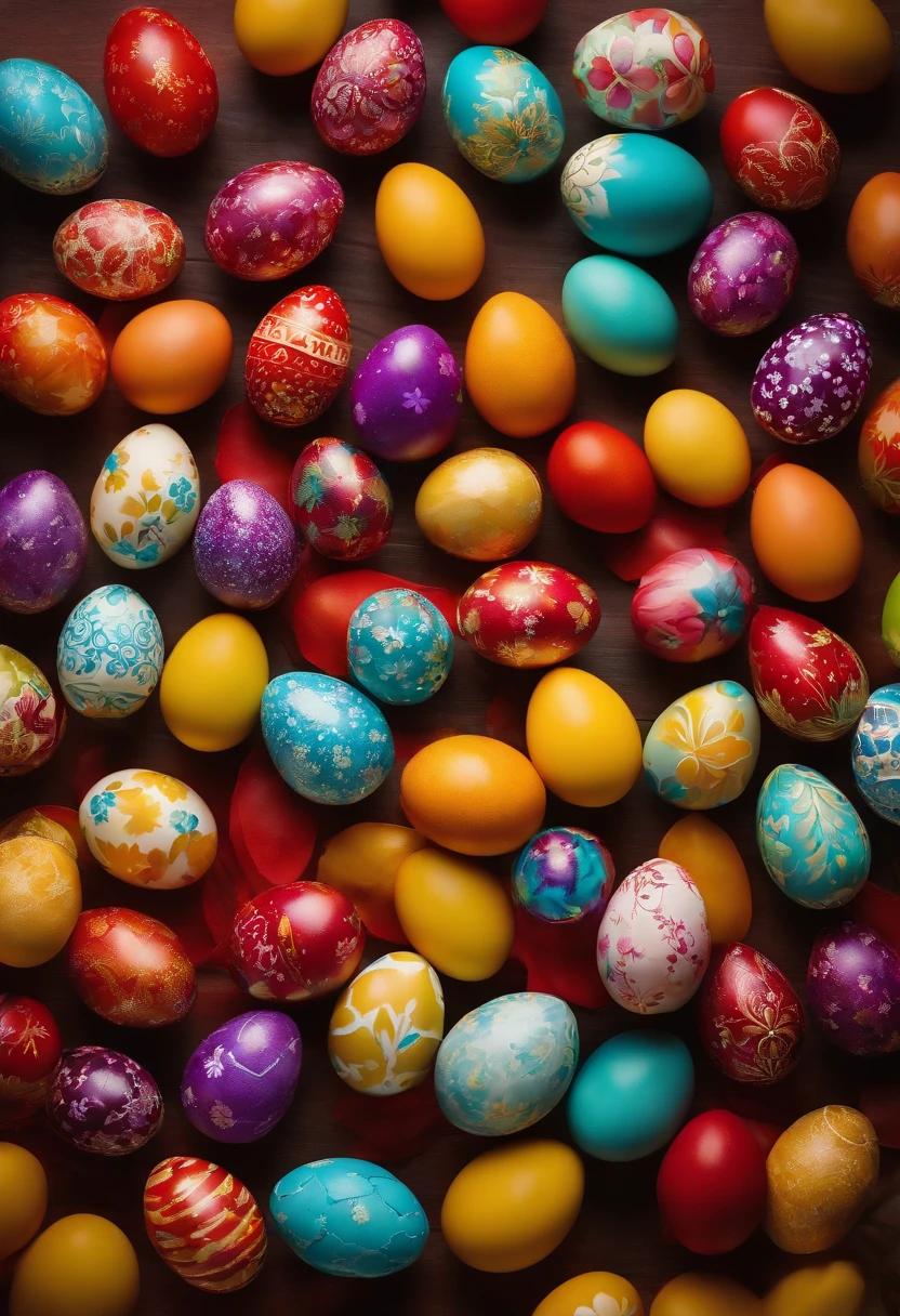 a top-down shot of a table filled with vibrant Easter eggs, some with hot wax patterns and others painted in bold colors, creating a visually dynamic and festive atmosphere