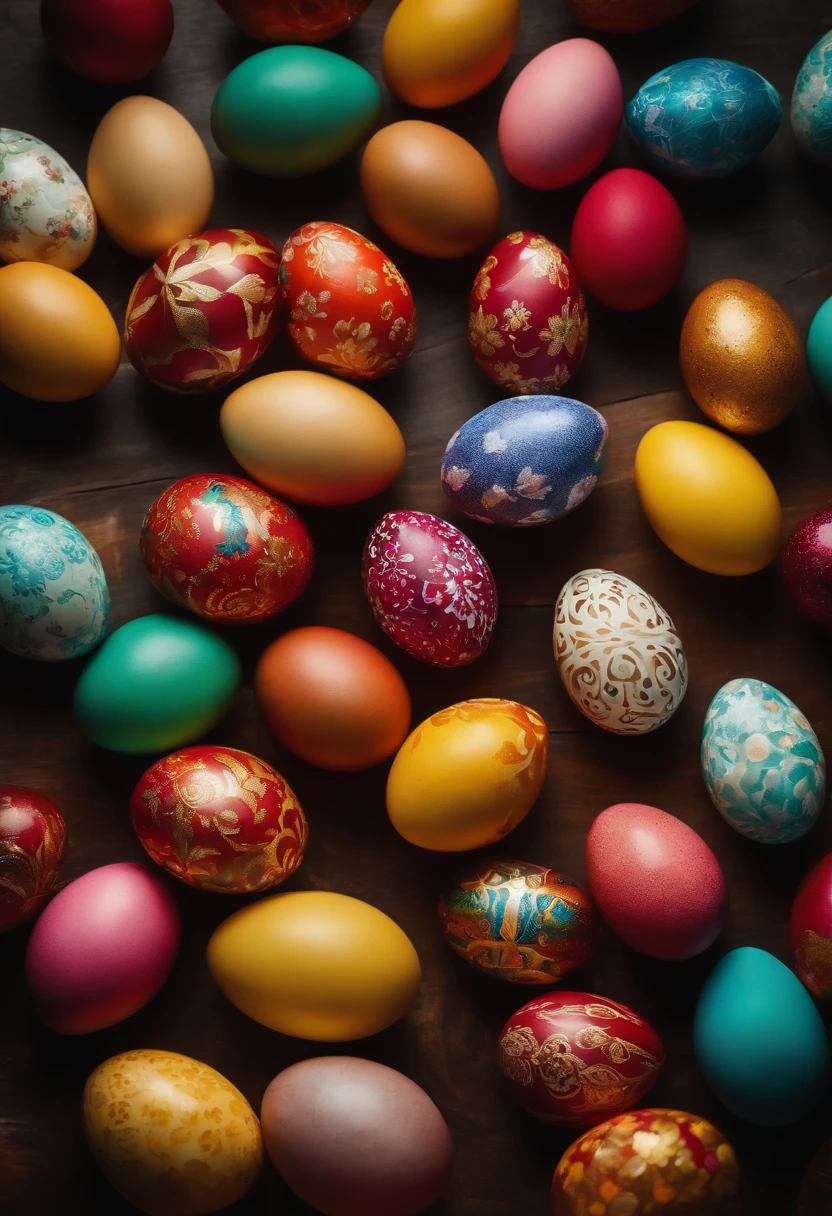 a top-down shot of a table filled with vibrant Easter eggs, some with hot wax patterns and others painted in bold colors, creating a visually dynamic and festive atmosphere