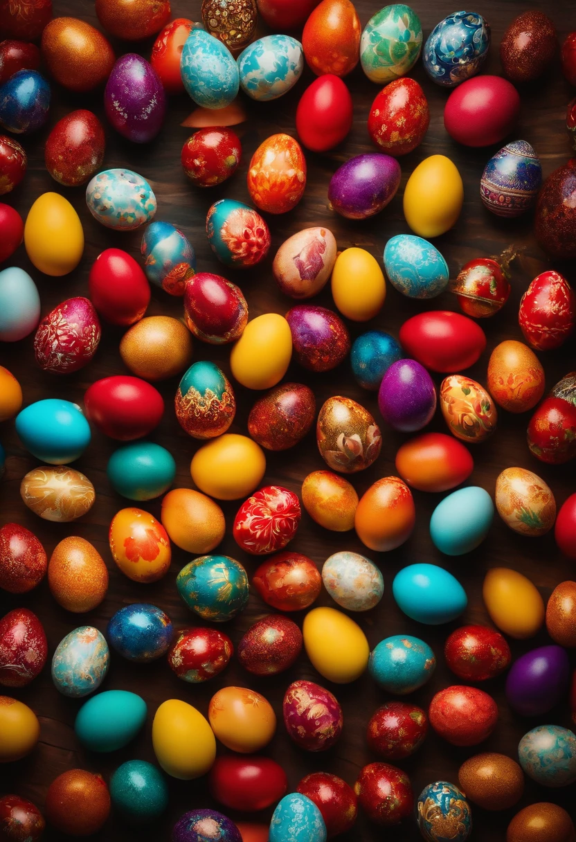 a top-down shot of a table filled with vibrant Easter eggs, some with hot wax patterns and others painted in bold colors, creating a visually dynamic and festive atmosphere