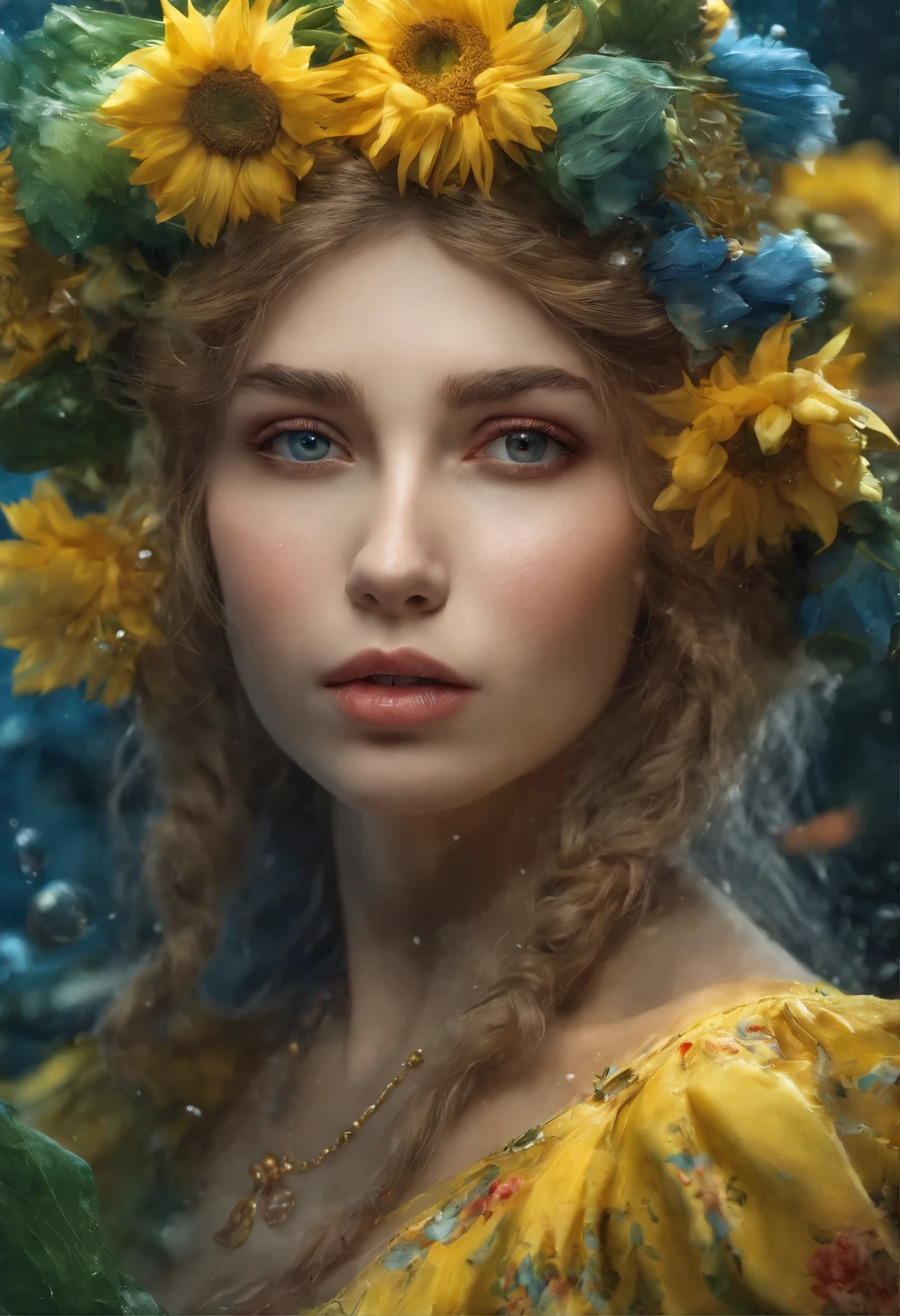 ((top-quality, 8K)), (Realistic), (Face Focus: 1.1), (Yellow,red, blue,green: 1.3), ukrainian woman in a dress that is in the water, closeup fantasy with water magic, fine art fashion photography, monia merlo, inspired by irakli nadar, inspired by Franz Xaver Winterhalter, with frozen flowers around her, inspired by Tatiana Hordiienko, jean-sebastien rossbach, karol bak uhd, vynok. ukrainan flower headband, sunflowers, vyshyvanka dress, pom-poms, roses, dreamy, seductive,  ?????????????, open ?????