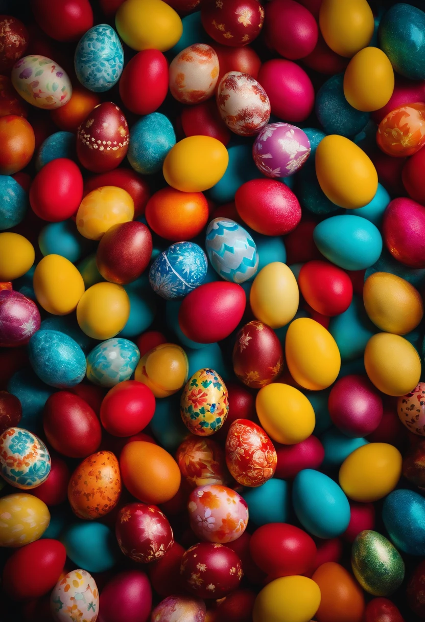 a top-down shot of a table filled with vibrant Easter eggs, some with hot wax patterns and others painted in bold colors, creating a visually dynamic and festive atmosphere