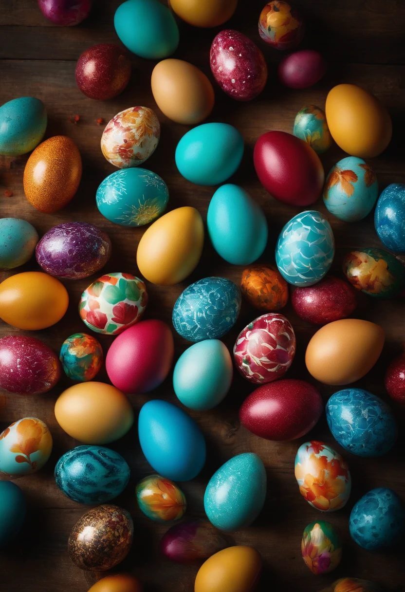 a top-down shot of a table filled with vibrant Easter eggs, some with hot wax patterns and others painted in bold colors, creating a visually dynamic and festive atmosphere