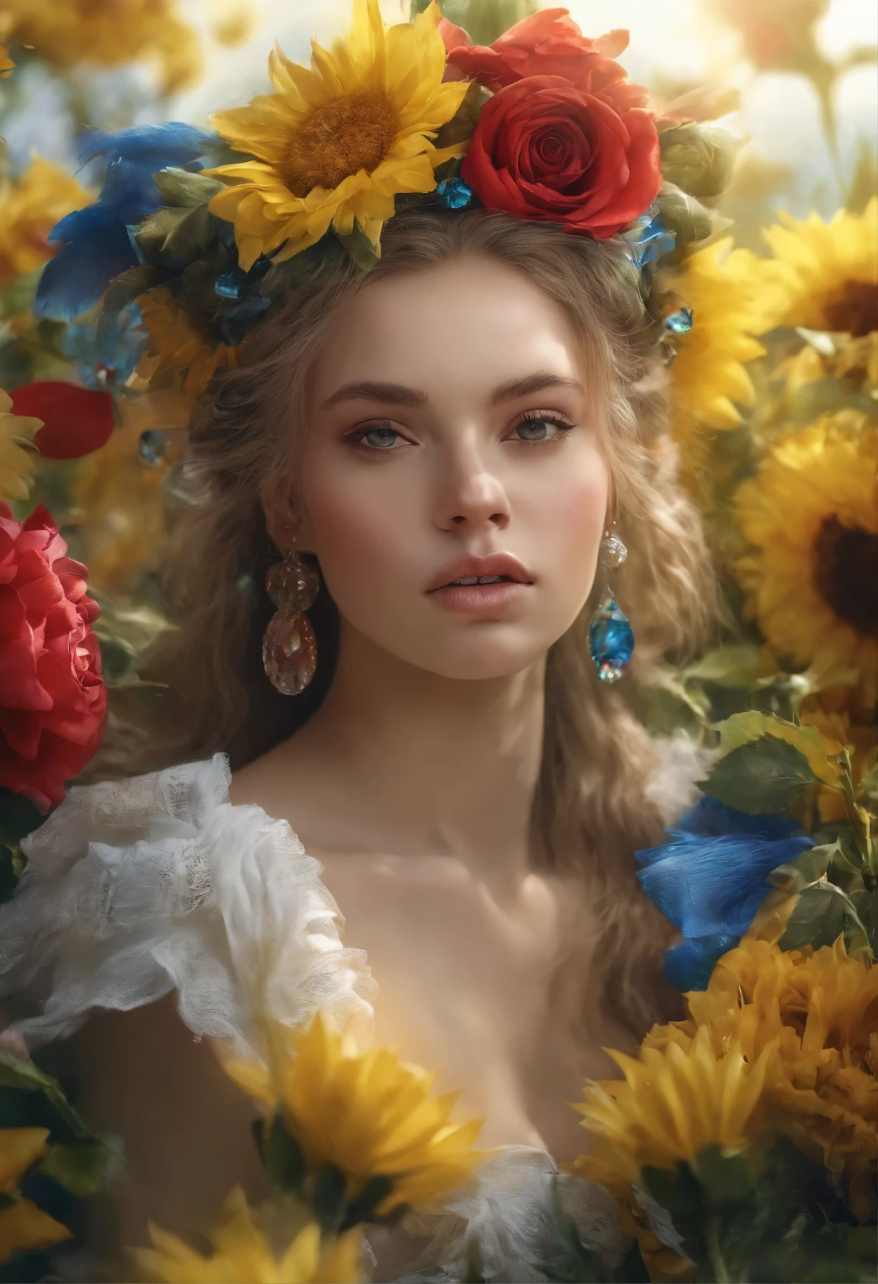 ((top-quality, 8K)), (Realistic), (Face Focus: 1.1), (Yellow,red, blue,green: 1.3), ukrainian woman in a dress that is in the water, closeup fantasy with water magic, fine art fashion photography, monia merlo, inspired by irakli nadar, inspired by Franz Xaver Winterhalter, with frozen flowers around her, inspired by Tatiana Hordiienko, jean-sebastien rossbach, karol bak uhd, vynok. ukrainan flower headband, sunflowers, vyshyvanka dress, pom-poms, roses, dreamy, seductive,  large breasts, open chest