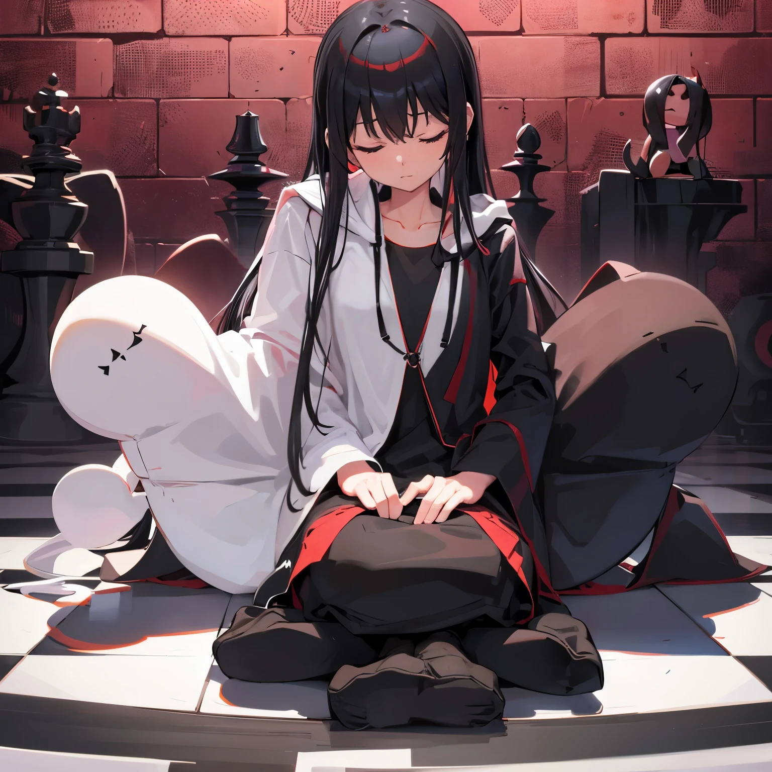 Chessboard background meditate on the floor left and right eyes closed humanoid black and white