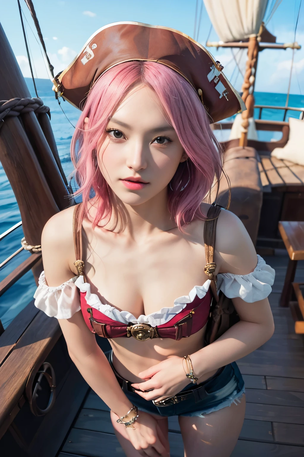 (8K, top-quality, masterpiece:1,2), (reallistic, Photorealsitic:1.37), Super Detail, One girl,), (Highly detailed), (beautifully detailed eyes), (of the highest quality), (super detailed ), (masterpiece), (Detailed face),20yr old, ,1 girl, full body, pink hair,Very short hair, medium breasts, clothed, Perfect Lighting, pussy and breast focus, looking at viewer, aroused face, naughty face, Pirate ship, on board a pirate ship, clear sky, (Captain Jack Sparrow cosplay),standing