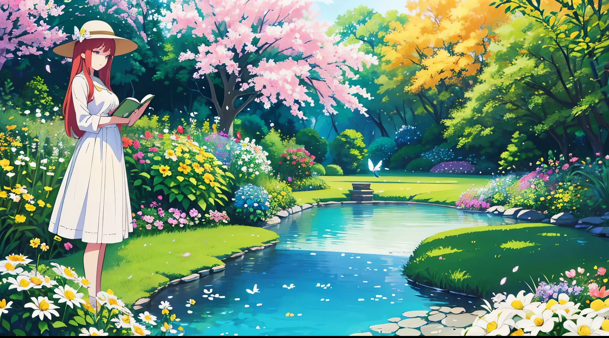 A girl with beautiful detailed eyes and lips is standing in front of a garden, surrounded by colorful flowers and lush green trees. The girl is wearing a vibrant dress and a wide-brimmed hat, adding a touch of elegance to the scene. The garden is bathed in soft, warm sunlight, creating a tranquil and serene atmosphere.

The scene is depicted in a medium of oil painting, with intricate brush strokes and rich texture. The colors are vivid and vibrant, showcasing the artist's skill and attention to detail. The painting is of the highest quality, with ultra-detailed elements and a realistic, photorealistic rendering.

The background of the garden is filled with various types of flowers, such as roses, lilies, and daisies, each meticulously depicted with vibrant colors and delicate petals. The girl is holding a book in her hand, symbolizing her love for literature and a peaceful moment of introspection.

The garden is also adorned with butterfly and bird motifs, adding a touch of whimsy and enchantment to the scene. The butterflies flutter around the girl, their delicate wings painted with shimmering colors, while the birds perch on the trees, chirping melodiously.

The overall color palette of the