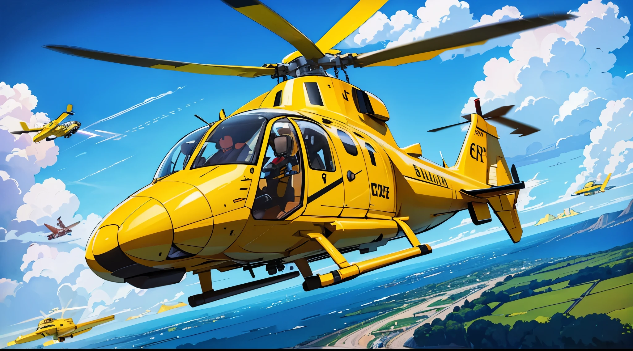 a helicopter,illustration,detailed helicopter,high-res,realistic,metallic body,bright yellow color,rotating blades,clear cockpit,helicopter on a sunny day,clouds in the background,professional artwork,vivid colors,strong lighting,action shot