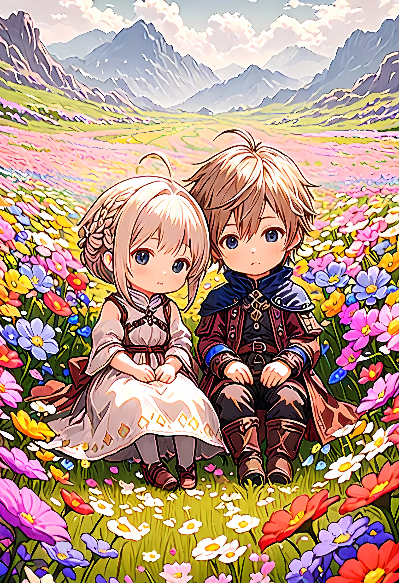 An image of a Lalafell couple from Final Fantasy 14, seated side by side in a field of flowers, with the flowers forming a cord around them.