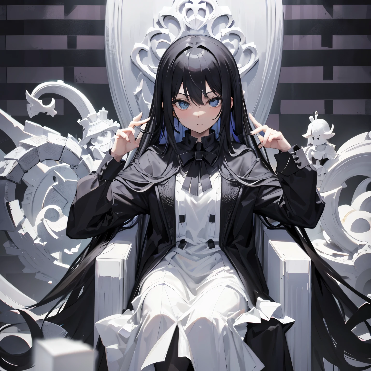 Chessboard background sitting in a throne humanoid black and white Nopperabo