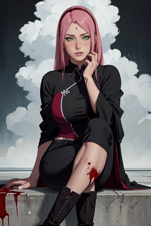 masterpiece, absurdres, sakura\(boruto\), 1girl, solo,mature female, perfect composition, detailed lips, big breast, beautiful face, body propotion, blush, (pink lips), long hair, green eyes, soft gaze, super realistic, detailed, photoshoot, absurdreest quality), (masterpiece),(ultra-detailed:1.2),(photorealistic:1.1),(highres), (injury:1.1),(blood:1.1), ((Akatsuki clothes: Long, flowing black cloaks with a vibrant red cloud motif symbolizing unity and a mysterious aura, paired with high-collared black shirts, black pants, and sturdy boots.)), (akatsuki outfit:1.1), labret piercing, (:1.2), ripples, swirling, rainbow,