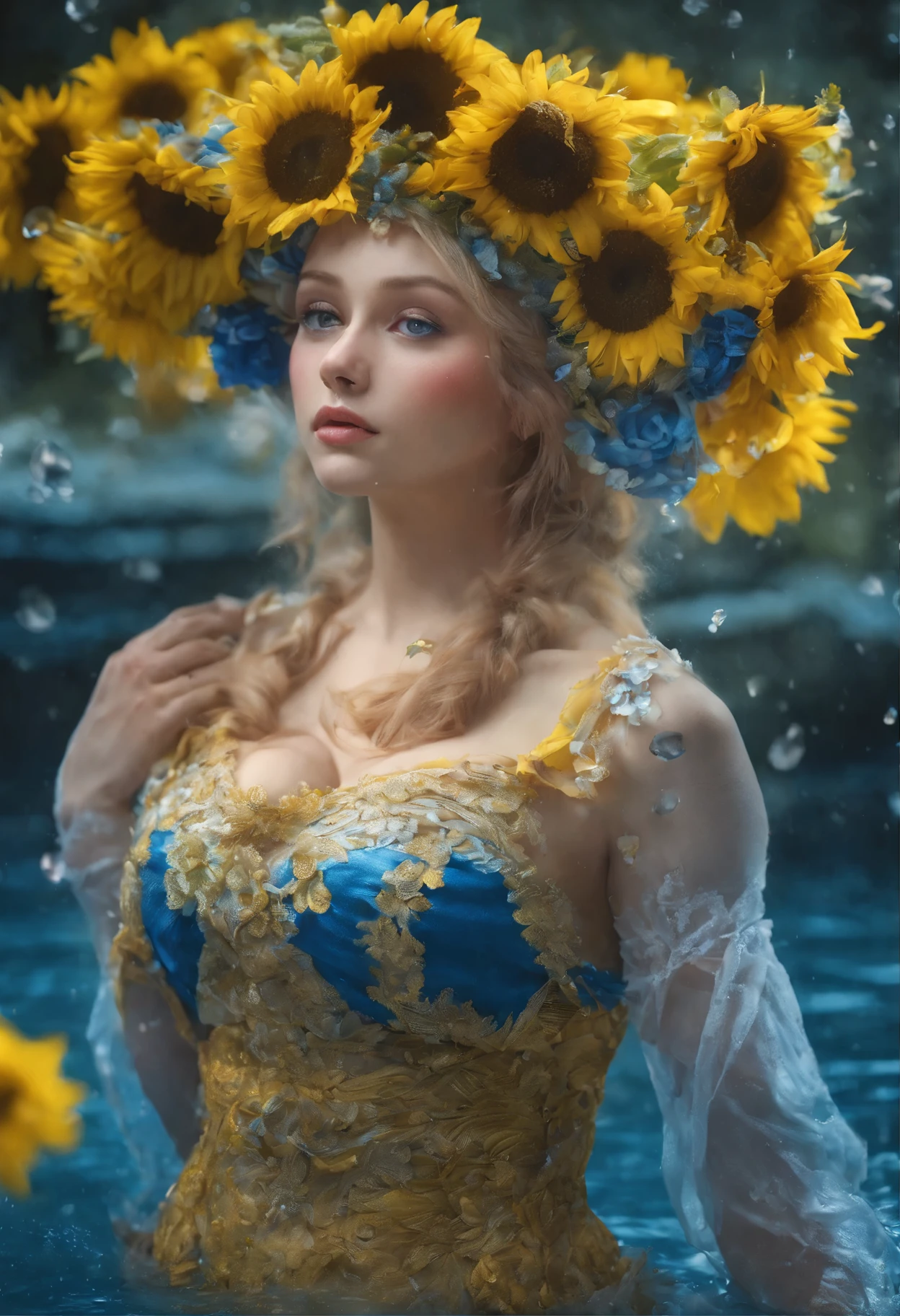 ((top-quality, 8K)), (Realistic), (Face Focus: 1.1), (Yellow,blue: 1.3), ukrainian woman in a dress that is in the water, closeup fantasy with water magic, fine art fashion photography, monia merlo, inspired by irakli nadar, inspired by Franz Xaver Winterhalter, with blooming flowers around her, inspired by Tatiana Hordiienko, jean-sebastien rossbach, karol bak uhd, vynok. ukrainan flower headband, sunflowers, vyshyvanka dress, pom-poms, ukrainian flag, flag, ukrainian, (seductive), (erotic), (huge breasts:1.5),big chest,well-rounded figure, no bra, (open chest) , topless,(open chest)