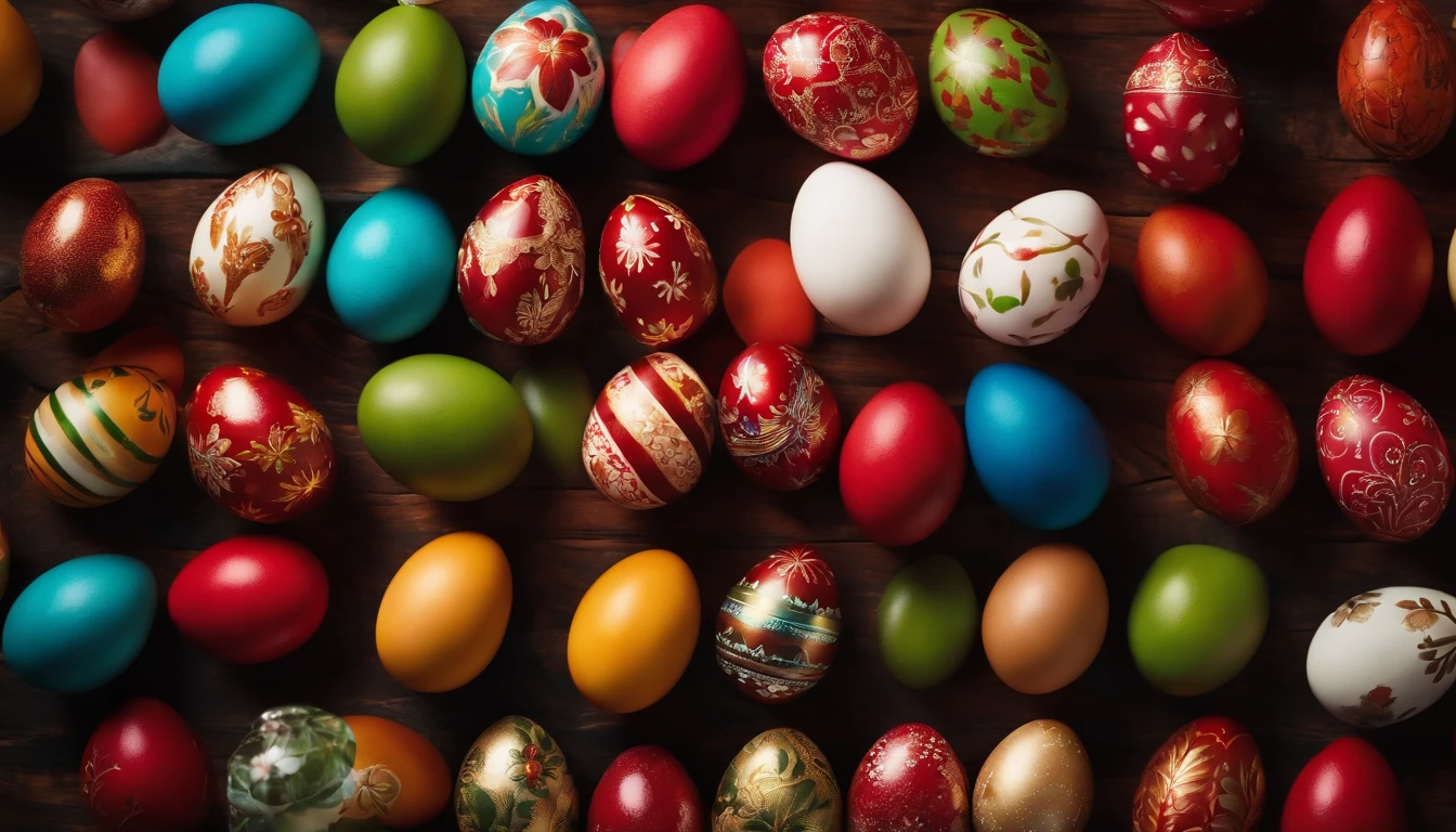 a top-down shot of a table filled with vibrant Easter eggs, some with hot wax patterns and others painted in bold colors, creating a visually dynamic and festive atmosphere