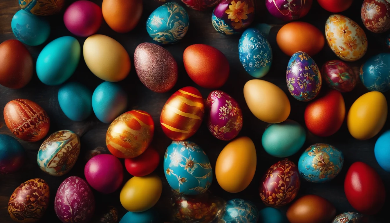 a top-down shot of a table filled with vibrant Easter eggs, some with hot wax patterns and others painted in bold colors, creating a visually dynamic and festive atmosphere