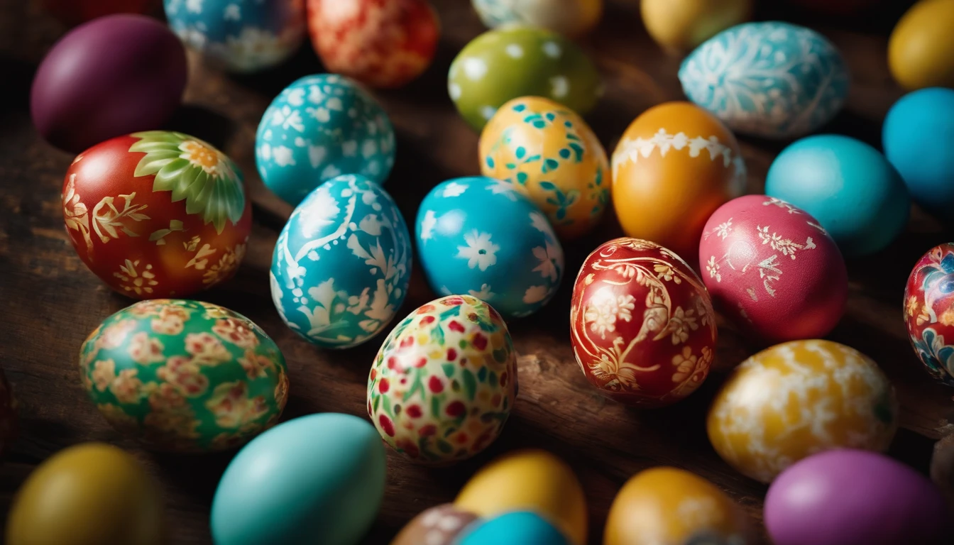 a top-down shot of a table filled with vibrant Easter eggs, some with hot wax patterns and others painted in bold colors, creating a visually dynamic and festive atmosphere