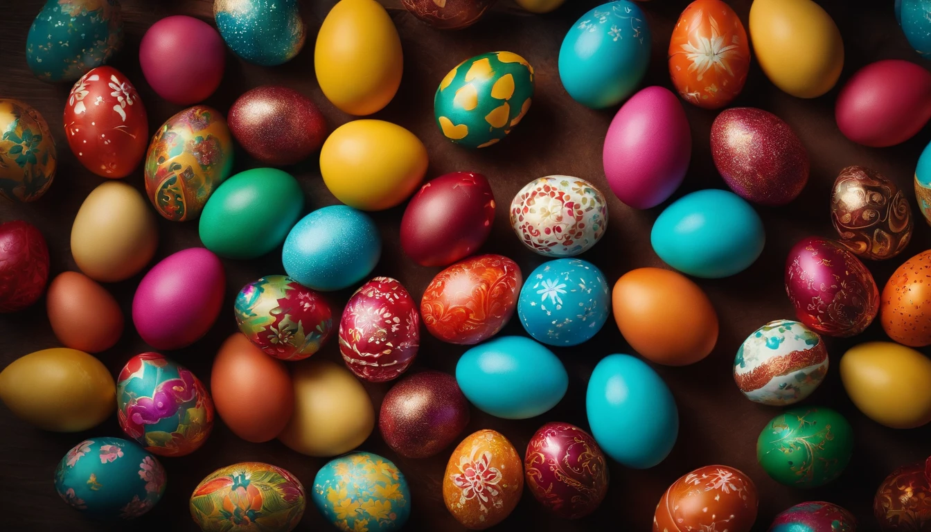 a top-down shot of a table filled with vibrant Easter eggs, some with hot wax patterns and others painted in bold colors, creating a visually dynamic and festive atmosphere