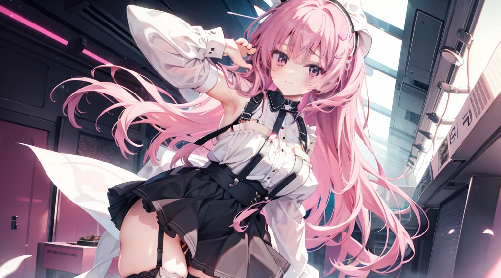 one-girl，soio，the maid outfit，black short skirt，Suspenders，A pink-haired，is shy，Be red in the face，suspenders ，Garter belt on the legs,Expose the armpits，Sweating in the armpitare hands臂，Bare hands,Mitsukasa Ayase