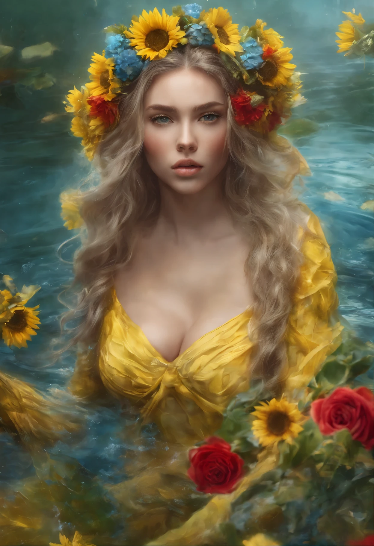 ((top-quality, 8K)), (Realistic), (Face Focus: 1.1), (Yellow,blue: 1.3), ukrainian woman in a dress that is in the water, closeup fantasy with water magic, fine art fashion photography, monia merlo, inspired by irakli nadar, inspired by Franz Xaver Winterhalter, with frozen flowers around her, inspired by Tatiana Hordiienko, jean-sebastien rossbach, karol bak uhd, vynok. ukrainan flower headband, sunflowers, vyshyvanka dress, pom-poms, ukrainian flag, flag, ukrainian, open chest, (huge breasts:1.5),big chest,well-rounded figure