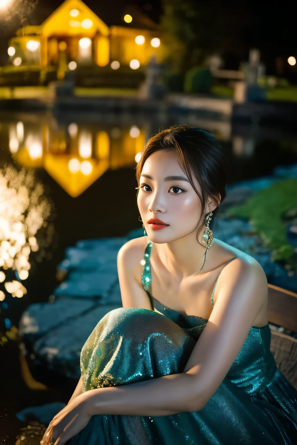 All faces and pictures must be different,((Ultra Long Exposure Photography)) high quality, highly detailed, a stunningly photorealistic closeup portrait of two beautiful Chinese women,Babyfaced, intricate detailed eyes,open shoulders,see-through,skirtlift,where two mysterious women sits by the edge of a pond, capturing a romantic atmosphere under the starry sky.(UHD, 8K wallpaper, High resolution), POV, by lee jeffries, nikon d850, film stock photograph ,4 kodak portra 400 ,camera f1.6 lens ,rich colors ,hyper realistic ,lifelike texture, dramatic lighting , cinestill 800,