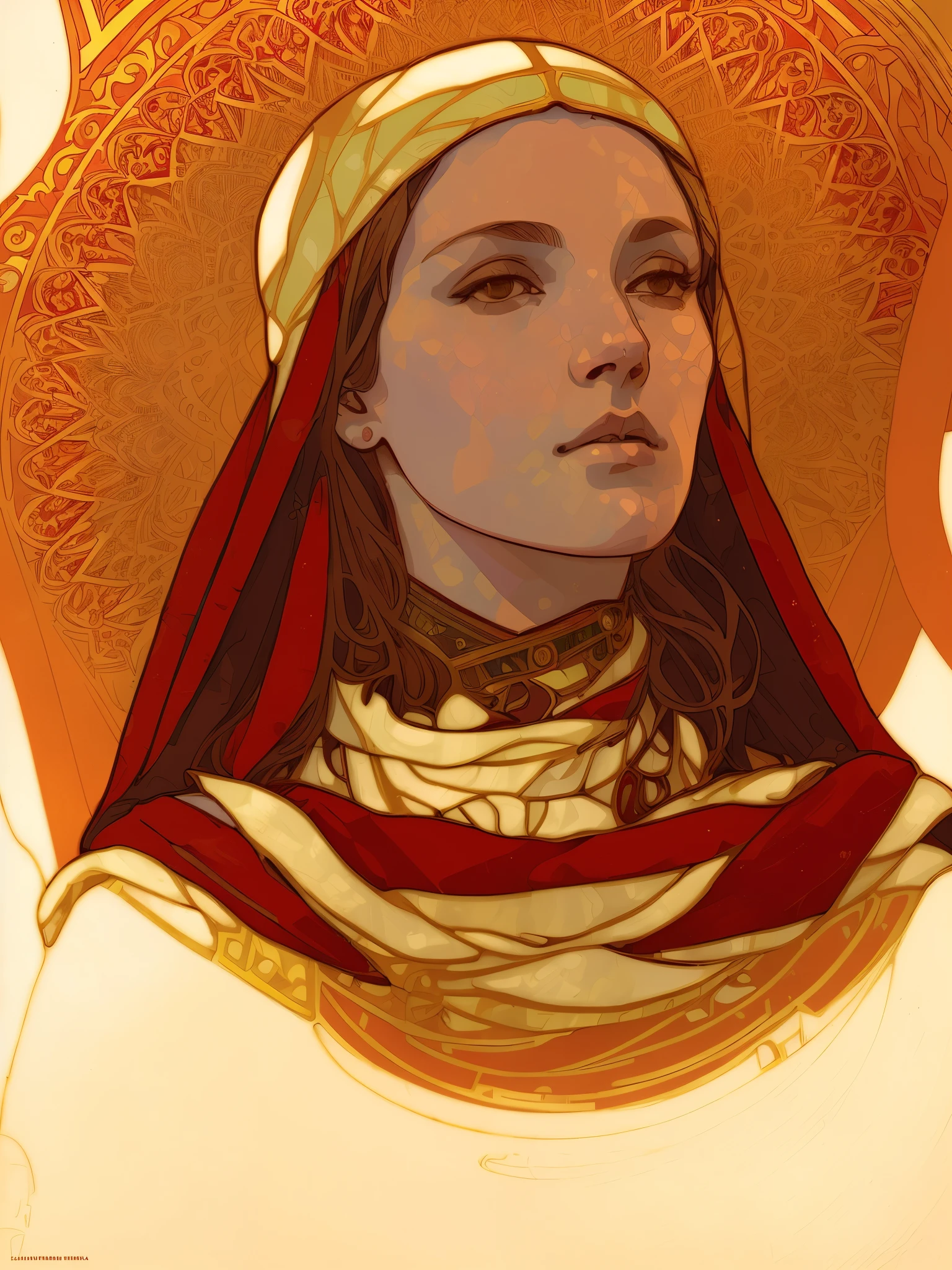 A picture of a red scarf and a woman wearing a red scarf, by mucha style 4k, craig mullins alphonse by mucha, maxim verehin stained glass, moebius + Roisch + wlop, beeple and alphonse by mucha, hyperrealistic Art Nouveau, artgerm by mucha, by mucha. Art Nouveau. Groomhaven, alphonse by mucha and alena aenami