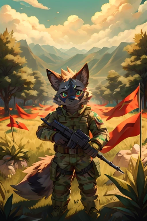 aardwolf，grassy fields，assault，body protective equipment，red flags，soviet