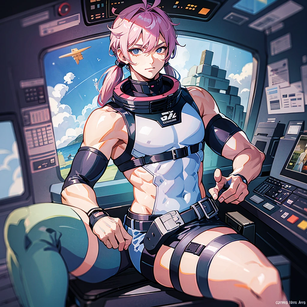 (((masterpiece、Top image quality、top-quality、highly detailed unity 8kwall-paper)))、((Illustration of one adult))、((25-years old))、(pilot)、(((Beautiful girl with a beautiful face、The body is a man)))、(((Twintails with pink hair)))、Light gray eyes、((Tall))、((Muscular strong man's body))、((Muscular strong man's body、solid chest、muscular chest plate、abdominals、muscular and thick arms、muscular and thick legs))、(((白いpilotスーツ)))、((manspreading、Sitting in the cockpit))、((space fighter cockpit、The Universe on the Monitor、Earth seen from space))