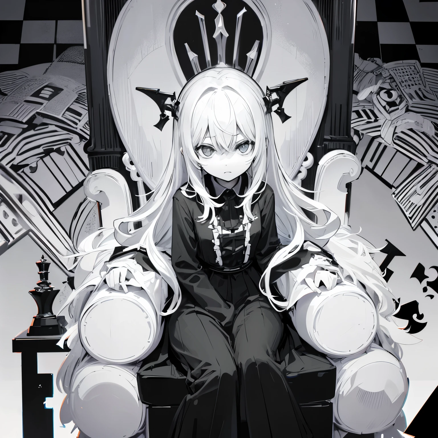 Nopperabo Chessboard background sitting in a throne humanoid black and white Nopperabo